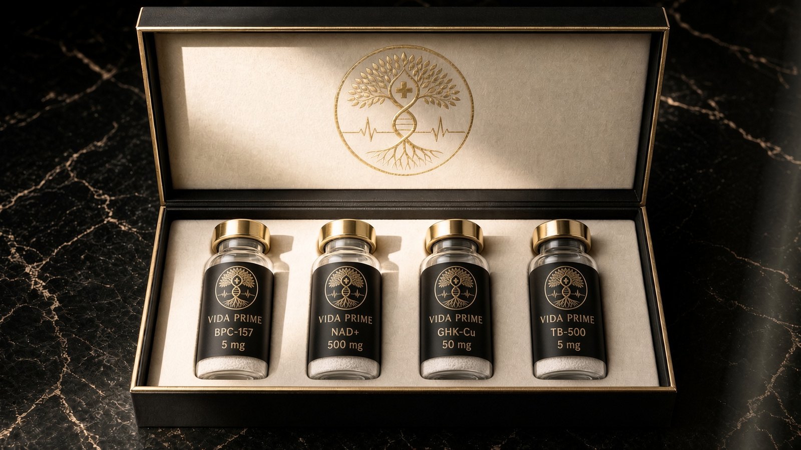VIDA PRIME research collection, four vials in an open black box