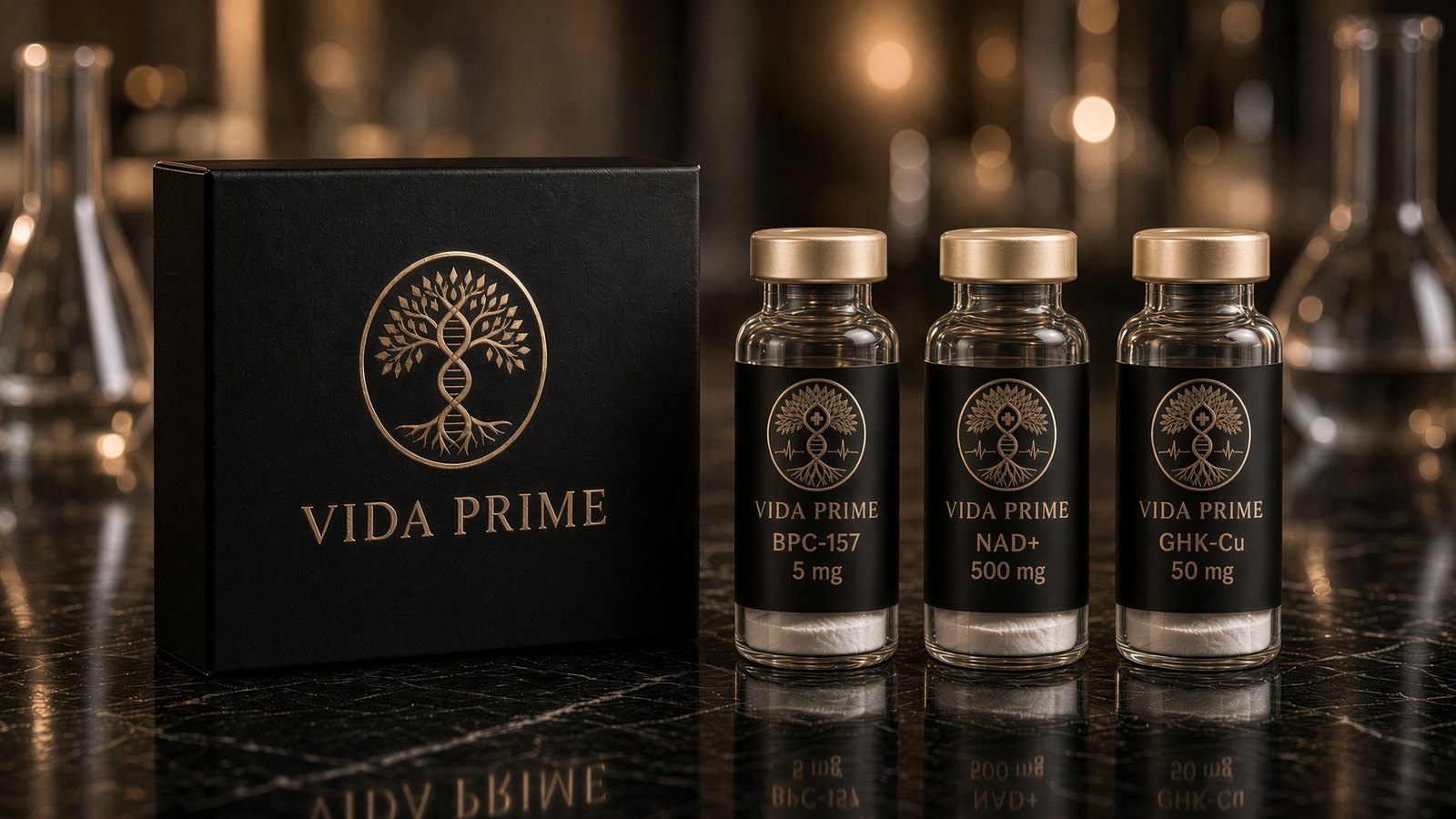 VIDA PRIME presentation box beside glass vials